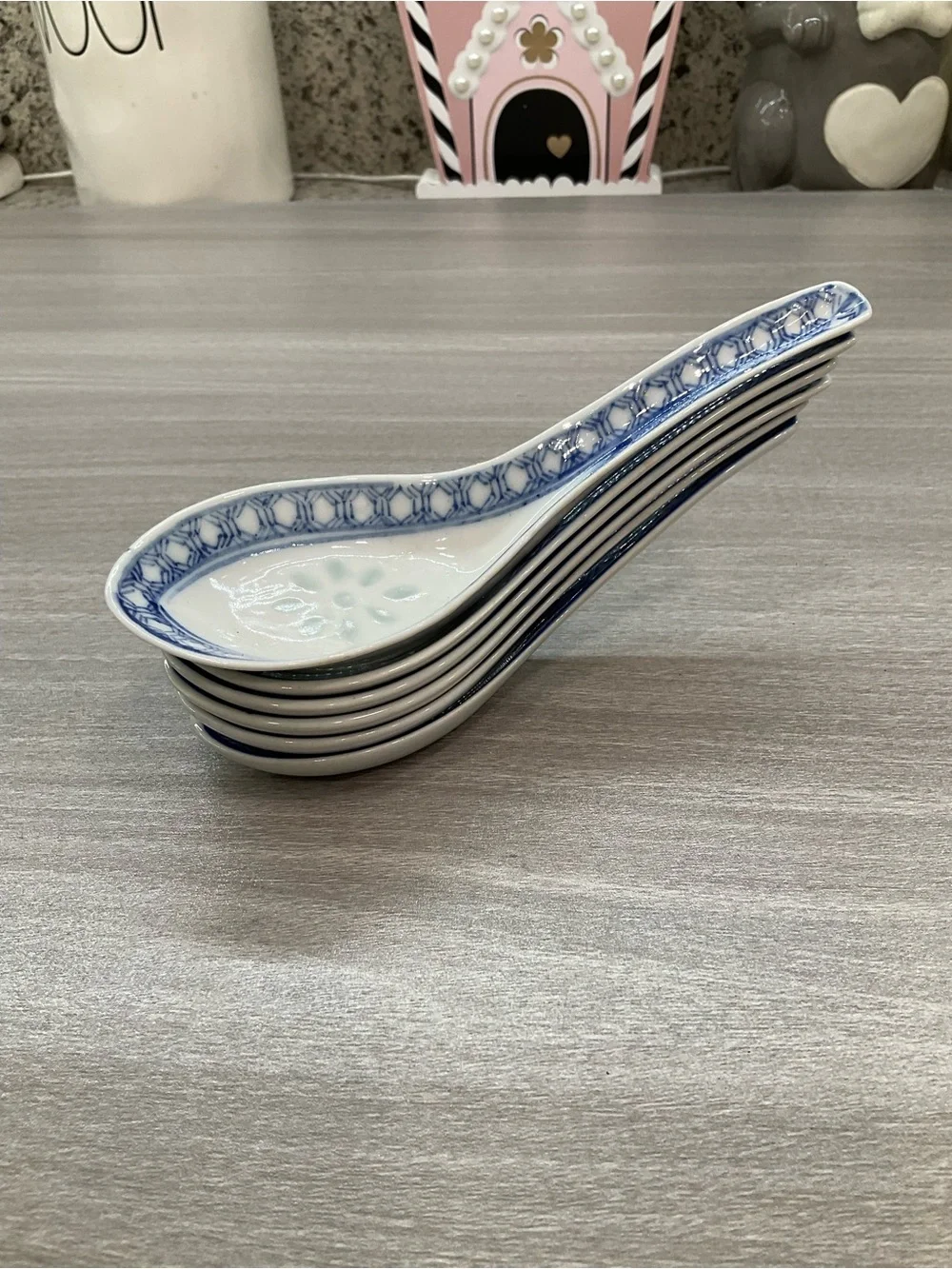 LOT OF 6 VINTAGE JINGDEZHEN CHINESE RICE EYE DRAGON 5” SOUP SPOONS BLUE WHITE